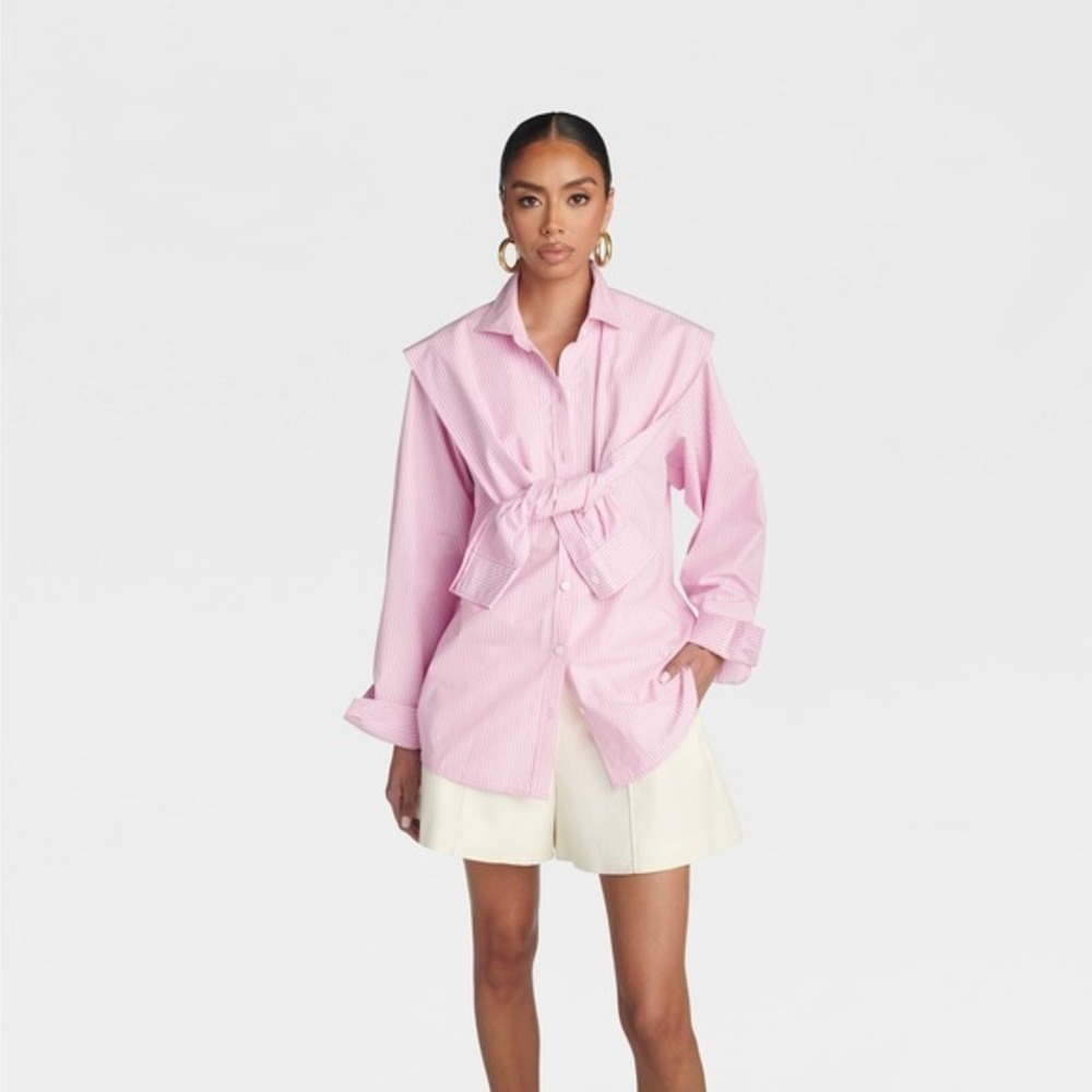 KBB by KAHLANA x Target L Large Double Layer Button-Down Shirt Pink Striped